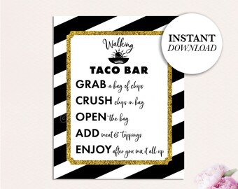 Letrero de Tacos para Caminar, Decoración de Graduación con Brillantina Dorada (PDF Imprimible)