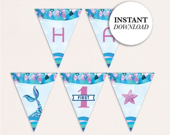 Mermaid Banner Printable, Printable Party Banner, Girls Mermaid Party, Instant Download Party Banner, Mermaid Party Decorations, DIY BANNER