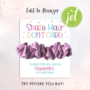 SKATE Hair Don&#39;t Care, Rainbow Printable Roller Skate Party Hair Scrunchie Card, Printable Scrunchie Holder Template, Kids Birthday Favor