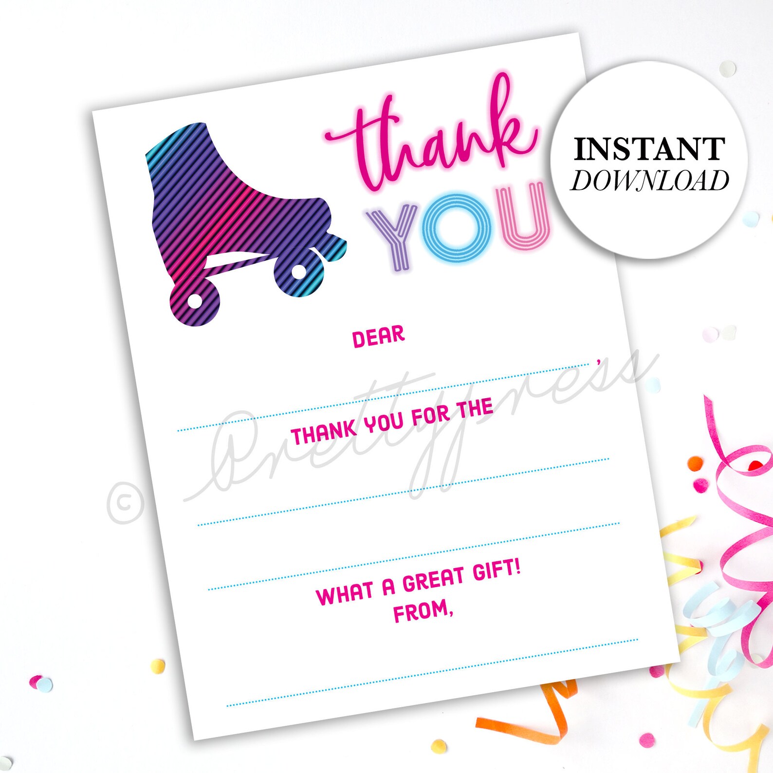 Roller Skate Party Printable Thank You Cards Digital Thank | Etsy