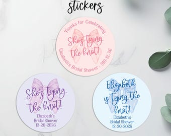 She's Tying the knot Favors, Printed Bridal Shower Favor Label, Personalized Coquette Bow Wedding Shower Label, Pink Bow, Blue Bow, Purple
