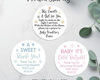 Baby it's cold outside favors, Winter Baby Shower Favor Stickers, Printed Baby Shower Stickers, Popcorn, Cookie, Candle, Treat Stickers