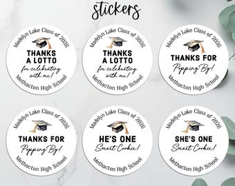 Graduation Labels, Personalized Printed Graduation Favor Stickers, Popcorn, Lotto, Cookie