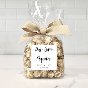 Popcorn wedding favor stickers, Our Love is Poppin&#39;, Personalized Wedding Favor Label, Custom Wedding Labels, Minimalist Wedding Stickers