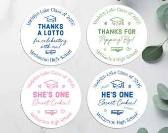 Graduation party favors for guests, Personalized Printed Grad Labels, Popcorn, Lotto, Cookie