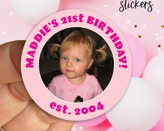 Custom 21st Birthday Photo Stickers, Personalized Party Favors