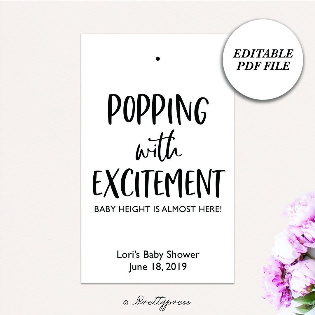 Printable Baby Shower Tags, Popping With Excitement Tags, EDITABLE