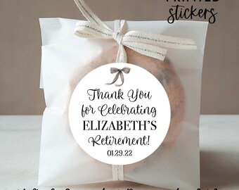 Retirement favors for guests, Retirement celebration stickers, Printed Labels, Bow Favor Labels