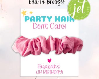 Party Hair Scrunchie Card, Birthday Favor Template (Digital Download)