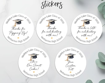Graduation stickers with high school name, Personalized Printed Grad Labels, Popcorn, Lotto, Cookie