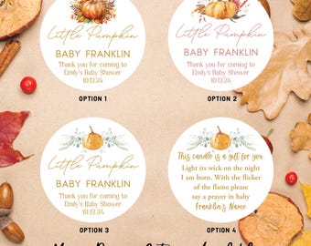 Personalized Fall Baby Shower Candle Labels, Little Pumpkin Stickers