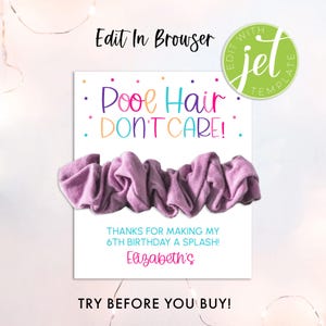 Les cheveux se moquent de la piscine, carte imprimable chouchou pour les cheveux party à la piscine, porte chouchou imprimable, anniversaire à la piscine, cadeau de fête, cadeau chouchou