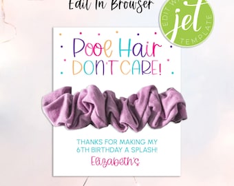 Pool Party Scrunchie Favor Card, Editable Template (Digital Download)
