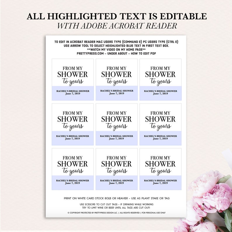 Printable Bridal Shower Tags From My Shower to Yours Favor - Etsy