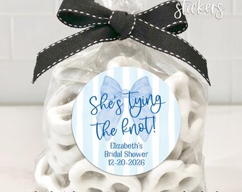 She's tying the knot stickers, Personalized Coquette Bow Wedding Shower Label, Bow Bridal Shower Favor Sticker, Pink Bow, Blue Bow, Purple