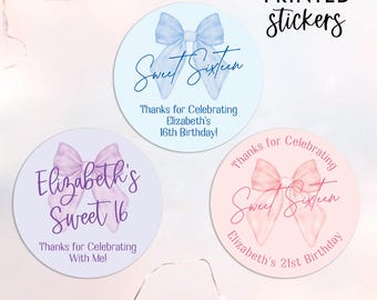 Round Sweet 16 Stickers, Bow Sweet 16 Favors Labels, Personalized 16th Birthday Thank You Stickers, Sweet 16 Party, Sweet Sixteen Gift Label