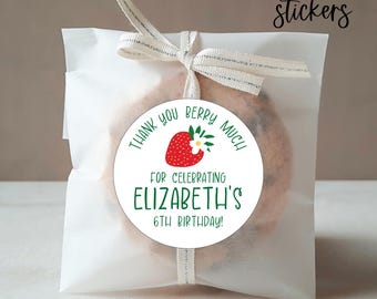 Personalized Strawberry Birthday Stickers, Thank You Favor Labels