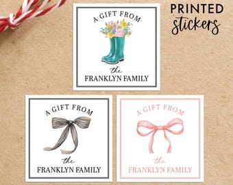 Personalized Family Gift Stickers, Custom Wellie Family Name Gift Labels, Watercolor Bow, Printed Labels 2x2 square
