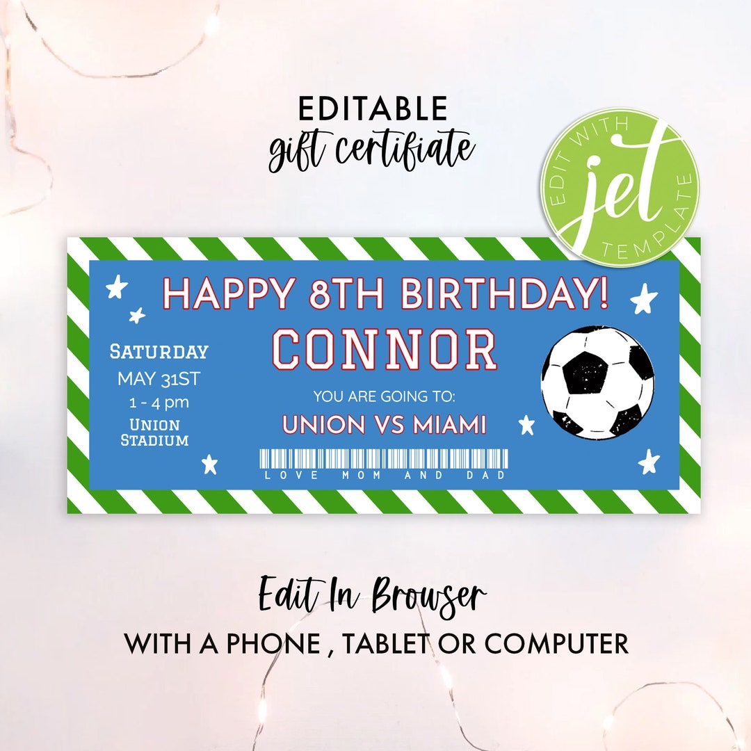 Printable Soccer Game Ticket, Birthday Coupon Printable, Editable