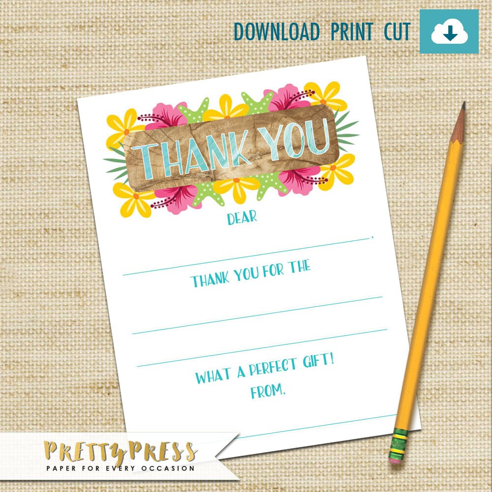 Kids Thank You Cards Moana Instant Download Luau Birthday - Etsy
