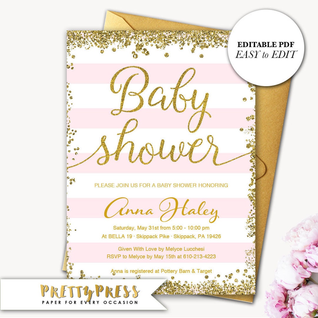 Pink and Gold Baby Shower Invitations, Editable Baby Shower