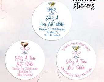 A Tini Bit Older Birthday Stickers, Martini Themed Birthday, Personalized Round Birthday Favor Stickers,  Any Age Labels, Espresso Martini