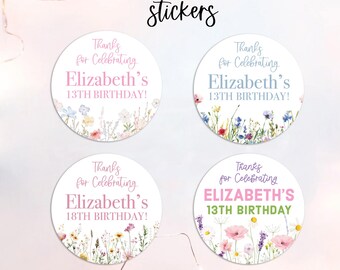 Wildflower Birthday Party Favor Sticker, Girls Floral Favor Labels, Personalized Printed Round Stickers, Watercolor Flowers