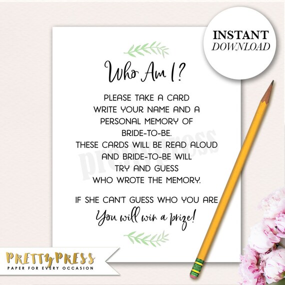 Who Am I Game Printable Bridal Shower Game Bachelorette Etsy