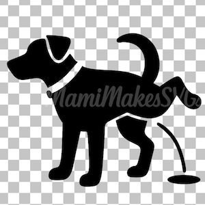 May include: Black silhouette of a dog lifting its leg to urinate. The dog is wearing a collar. The dog is facing left and the urine stream is shown as a curved line ending in a puddle.