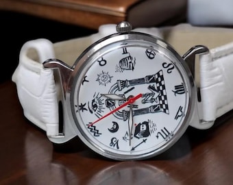 Reloj Pobeda Masónico Vintage, raro reloj de pulsera soviético para hombre, correa de cuero blanco