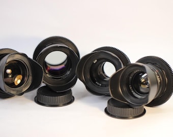 Helios-44 M 58 mm f/2, Mir-1B 28 mm f/2.8, Mir-10A 37 mm f/2.8, Jupiter-9 85 mm f/2, Jupiter-37A 135 mm f/3.5 para Canon