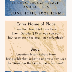 Könnte beinhalten: Werbeflyer mit denimartigem Hintergrund. Der Text lautet "Desto's 23rd" gefolgt von "Bitches, Brunch, Beach, and Bottles". Zusätzlicher Text enthält Eventdetails und eine Einladung zum Thema Strand.