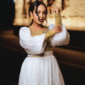 Golden Telet Habesha Kemis | Ethiopian Traditional Dress for Women | Modern Cultural Clothing | Elegant Wedding Gown