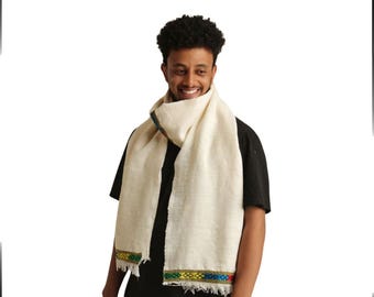 Handwoven Ethiopian Cotton Scarf – White Cultural Telet Wrap | Unisex Traditional Habesha Shawl