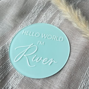 May include: A light blue round acrylic sign with the text "Hello World I'm Riven" in white lettering.