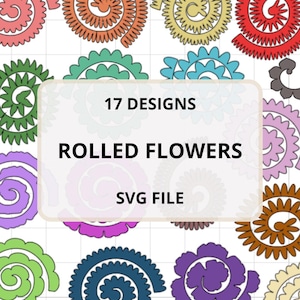 Op de afbeelding: Een afbeelding met 17 opgerolde bloemontwerpen in verschillende kleuren, waaronder roze, oranje, geel, rood, groen en blauw. De ontwerpen worden weergegeven op een witte rasterachtergrond. De tekst op de afbeelding luidt "17 Designs, Rolled Flowers, SVG File."