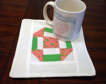 Quilted Mug Rug - Pink Blossoms - Fabric Coaster - Quilted Coaster, 20% OFF