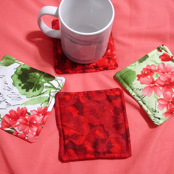 Quilted Coasters - Geraniums 3, Fabric Coasters, Cotton Coasters, Reduced Shipping
