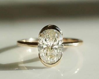 Oval Cut Moissanite Engagement Ring, Half Bezel Set Wedding Ring, Solitaire Diamond Promise Ring, Fancy Handmade Jewellery, Anniversary Gift