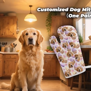 May include: A golden retriever sits in a kitchen next to a customized dog mitt. The mitt features a pattern of golden retriever faces, cupcakes, and flowers. The text on the image reads "Customized Dog Mitt (One Pair)".