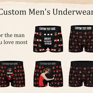 Puede incluir: Bóxers negros con diseños personalizados. La imagen muestra varios pares con caras personalizadas, corazones y texto como "Best Sausage Ever" y "Mine". También se ve el texto "Custom Men's Underwear" y "For the man you love most".