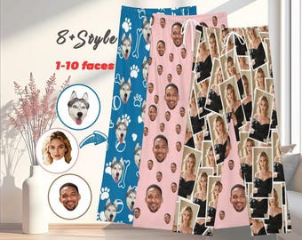 May include: Three pairs of lounge trousers featuring custom photo prints. One pair is blue with husky dog faces and paw prints, one is light pink with repeated male faces, and one is light pink with a collage of female faces in black dresses.