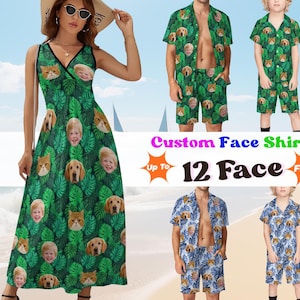May include: A green dress and matching shirts and shorts sets, all featuring a custom face design. The outfits are adorned with a pattern of green leaves and custom faces. The text "Custom Face Shirt Up To 12 Face Free" is also visible.