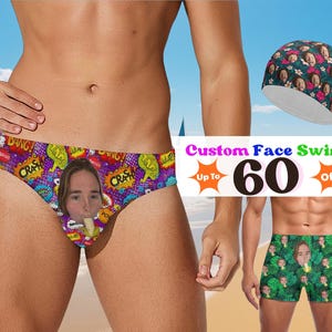 May include: A swimwear set featuring custom face swim briefs and swim trunks. The briefs have a comic book design with a face printed on the front. The swim trunks are green with a face and leaf pattern. A swim cap with a face and floral pattern is also included.