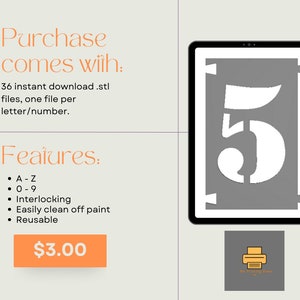 Puede incluir: Una descarga digital de 36 archivos .stl individuales para una fuente de plantilla. La fuente incluye letras mayúsculas A-Z y números 0-9. La imagen muestra una vista previa del número 5. La fuente es entrelazada, fácil de limpiar y reutilizable.