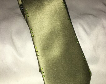 Olive Green Satin Jeweled Neck Tie With Swarovski Rhinestones Unisex