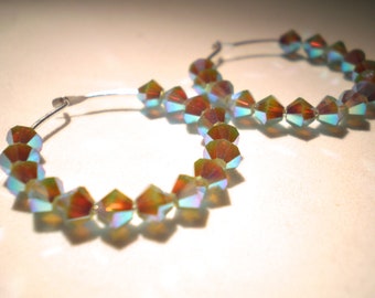 Pacific Opal Blue Swarovski Crystal Silver Hoop Earrings