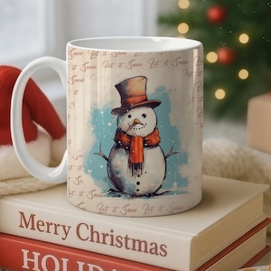Vintage Snowman Mug Whimsical Watercolor Christmas Illustration Cup Holiday Vibes Art Cozy Storybook Winter Seasonal Present Drinkware Gift