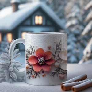 3D-Effect Winter Floral White 11oz Ceramic Mug, Frosted Flowers, Snowy Florals