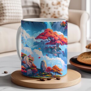 Fantasie watervalmok, betoverende wolkencascade, mok met kleur aan de binnenkant, mok van 11 oz, uitzicht op de bergen, fantasiescène, cadeau voor haar